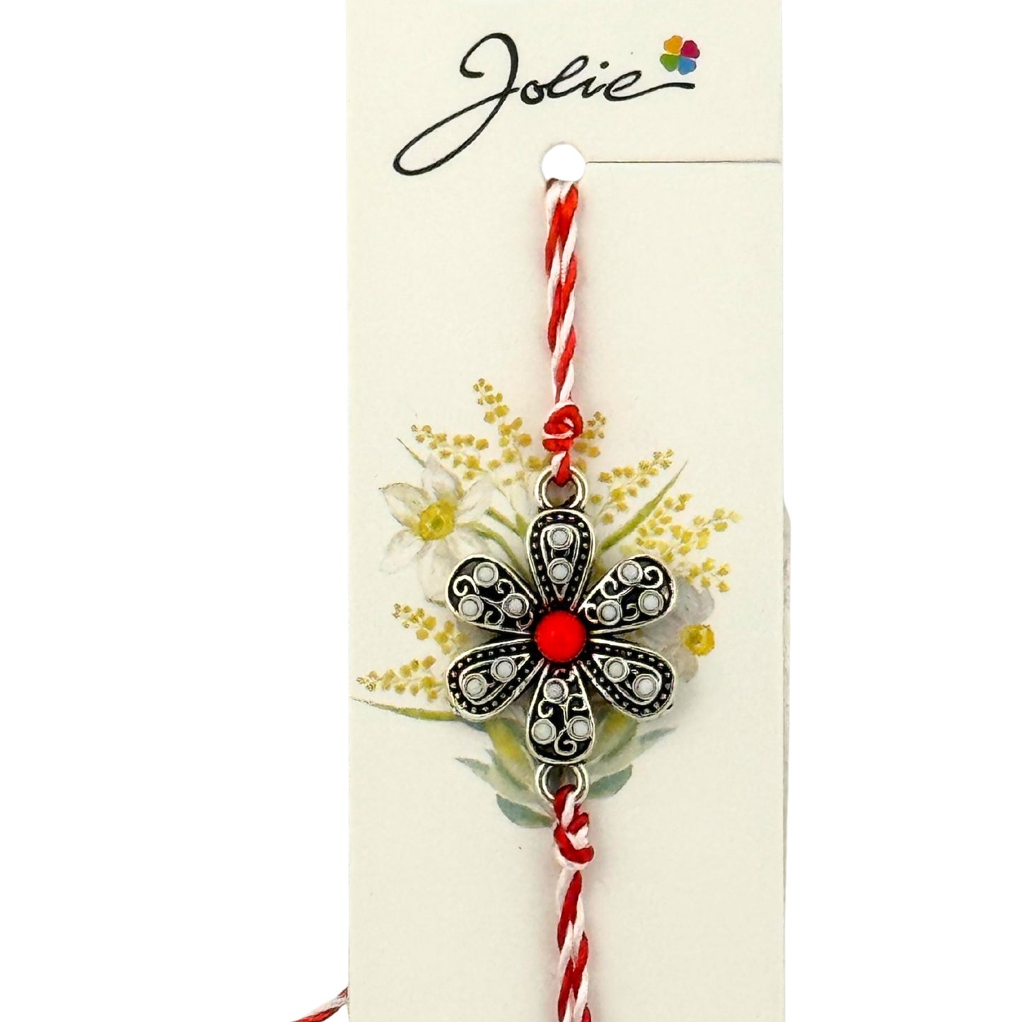 Martisor Bratara Snur Alb-Rosu, Jolie, Pandantiv Metalic, Model Floare