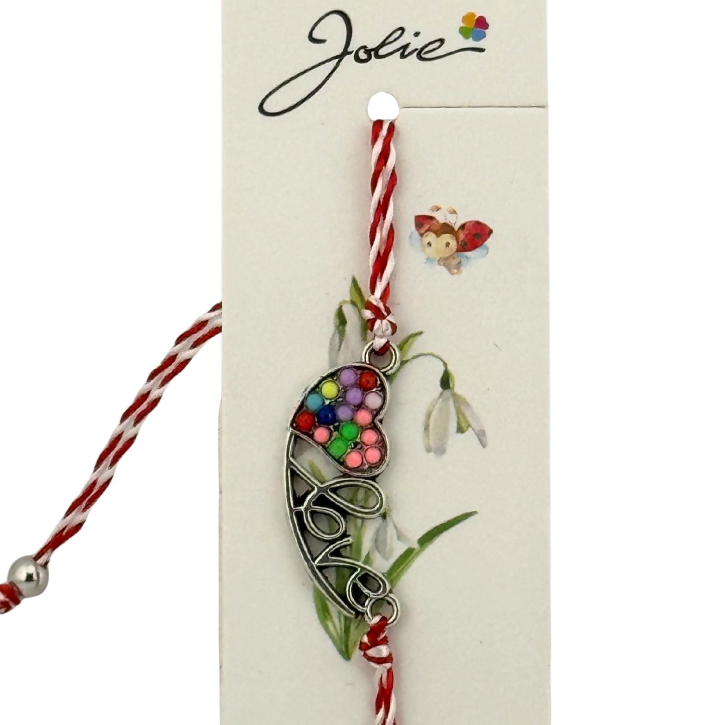 Martisor Bratara Snur Alb-Rosu, Jolie, Pandantiv Metalic, Model Inima Love