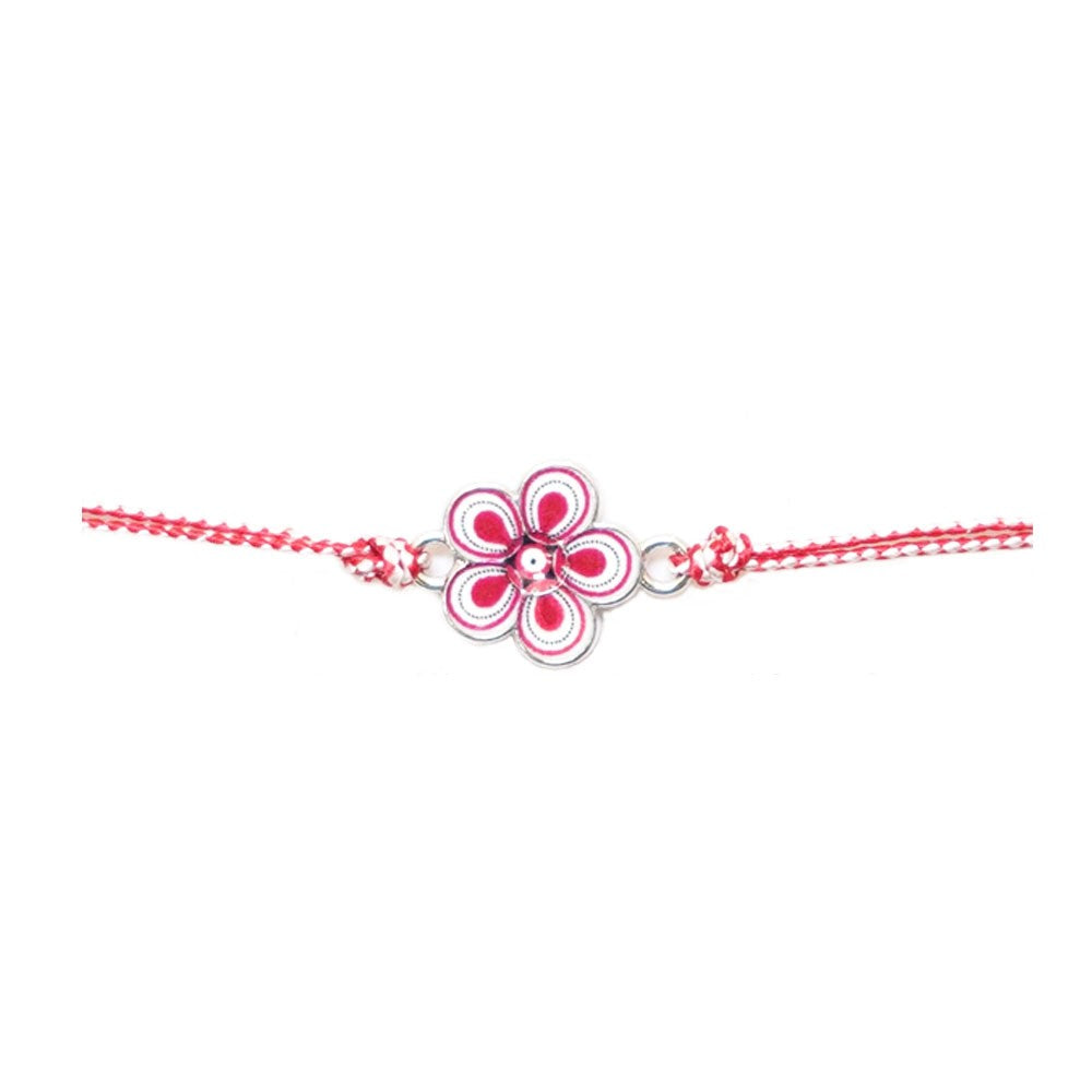Martisor tip Bratara Traditionala cu Pandantiv, Jolie, Model Floare, Snur Impletit Alb/Rosu, Dimensiune Pandativ Aprox 2 cm, Ambalaj cu Design