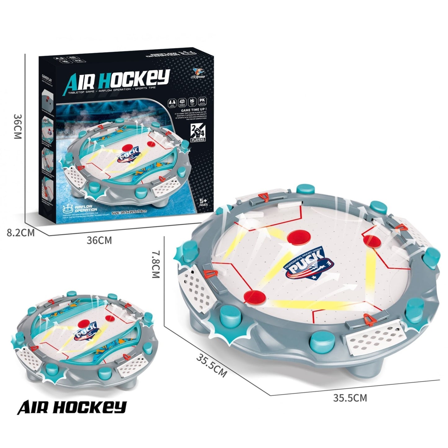 Masa Air Hockey, Klevo, cu Tabela de Scor, 2 Pucuri, Fara Picioare, din ABS, pentru Adulti/Copii +5 Ani, 35.5 x 7.8 x 35.5 cm, Gri