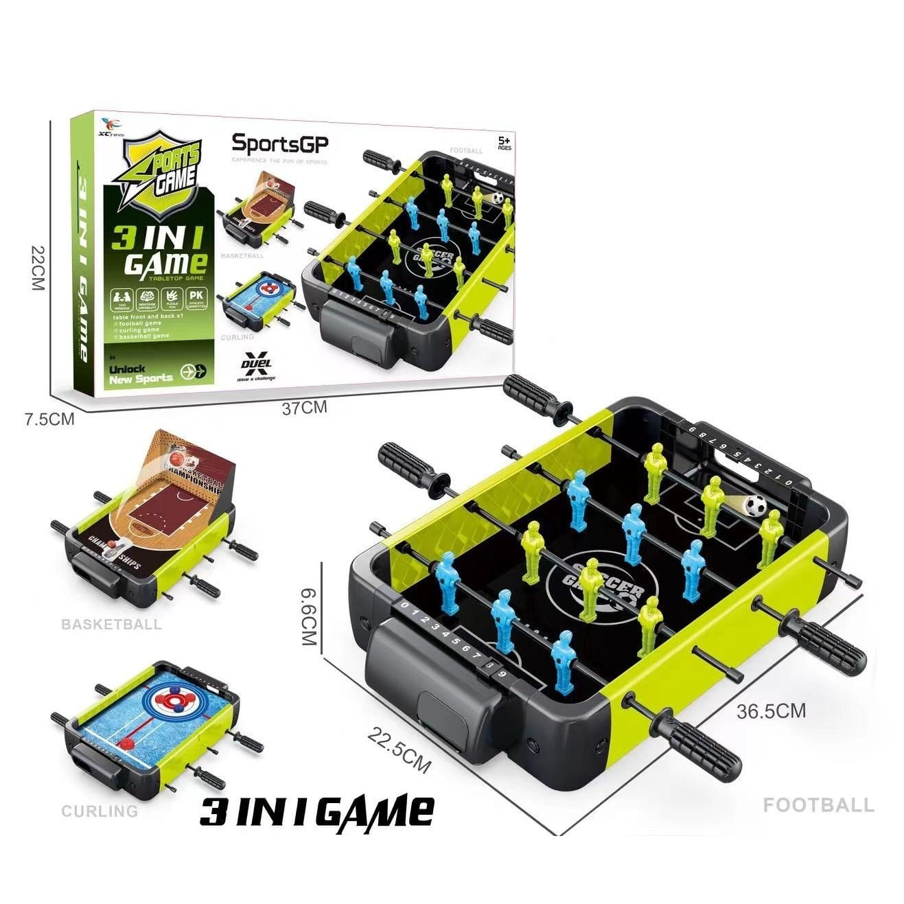 Masa de Fotbal 3in1, Klevo, Basket, Curling, 4 Manere, cu Tablou de Scor, din ABS, pentru Adulti/Copii +5 Ani, 36.5 x 6.6 x 22.5 cm, Verde/Negru