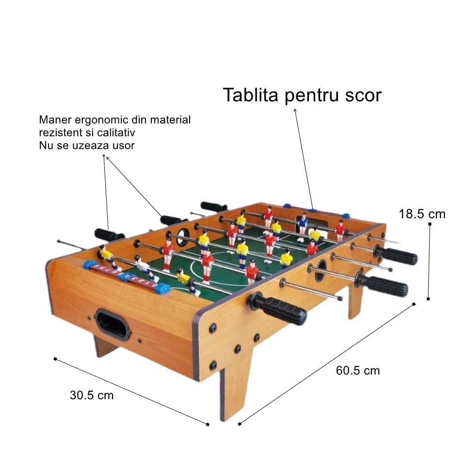 Masa de Fotbal cu Teren si 18 Jucatori Klevo, 6 Manere, cu Tablou pentru Scor, din Metal, Lemn si ABS, 60.5 x 30.5 x 18.5 cm, cu Picioare, pentru copii/adulti