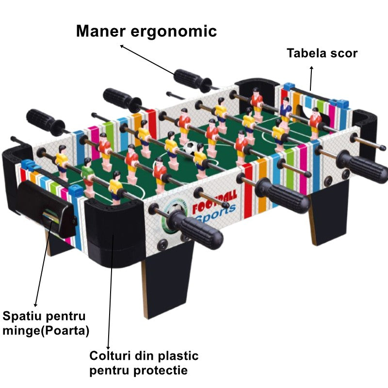 Masa de fotbal cu teren si 18 jucatori Klevo, 6 manere, cu Tablou Scor, din Metal, Lemn si ABS, 51 x 44 x 17.5 cm, cu Picioare, Design Multicolor, pentru copii/adulti