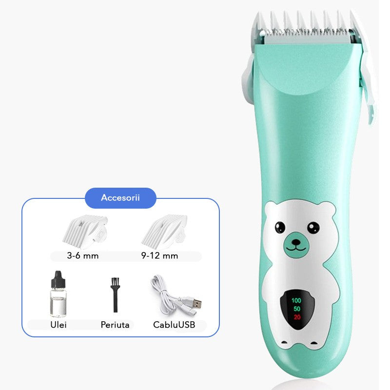 Masina De Tuns Bebelusi si Copii, Klevo, Display Digital, Lame Cermice si Inox, Fara Fir, Functie Anti Taiere, Silentios, 50 W, Rezistent la Apa, 2 Accesorii, Incarcator USB, Model Ursulet, Verde