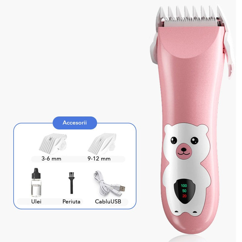 Masina De Tuns Bebelusi si Copii, Klevo, Display Digital, Lame Cermice si Inox, Fara Fir, Functie Anti Taiere, Silentios, 50 W, Rezistent la Apa, 2 Accesorii, Incarcator USB, Model Ursulet, Roz