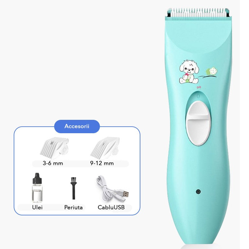 Masina De Tuns Bebelusi si Copii, Klevo, Lame Cermice si Inox, Fara Fir, Functie Anti Taiere, Silentios, 50 W, Rezistent la Apa, 2 Accesorii, Incarcator USB, Model Ursulet, Albastru deschis