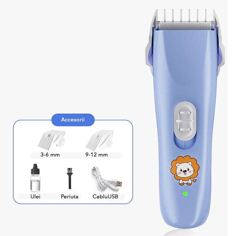 Masina De Tuns Bebelusi si Copii, Klevo, Lame Cermice si Inox, Fara Fir, Functie Anti Taiere, Silentios, 50 W, Rezistent la Apa, 2 Accesorii, Incarcator USB, Model Leu, Albastru