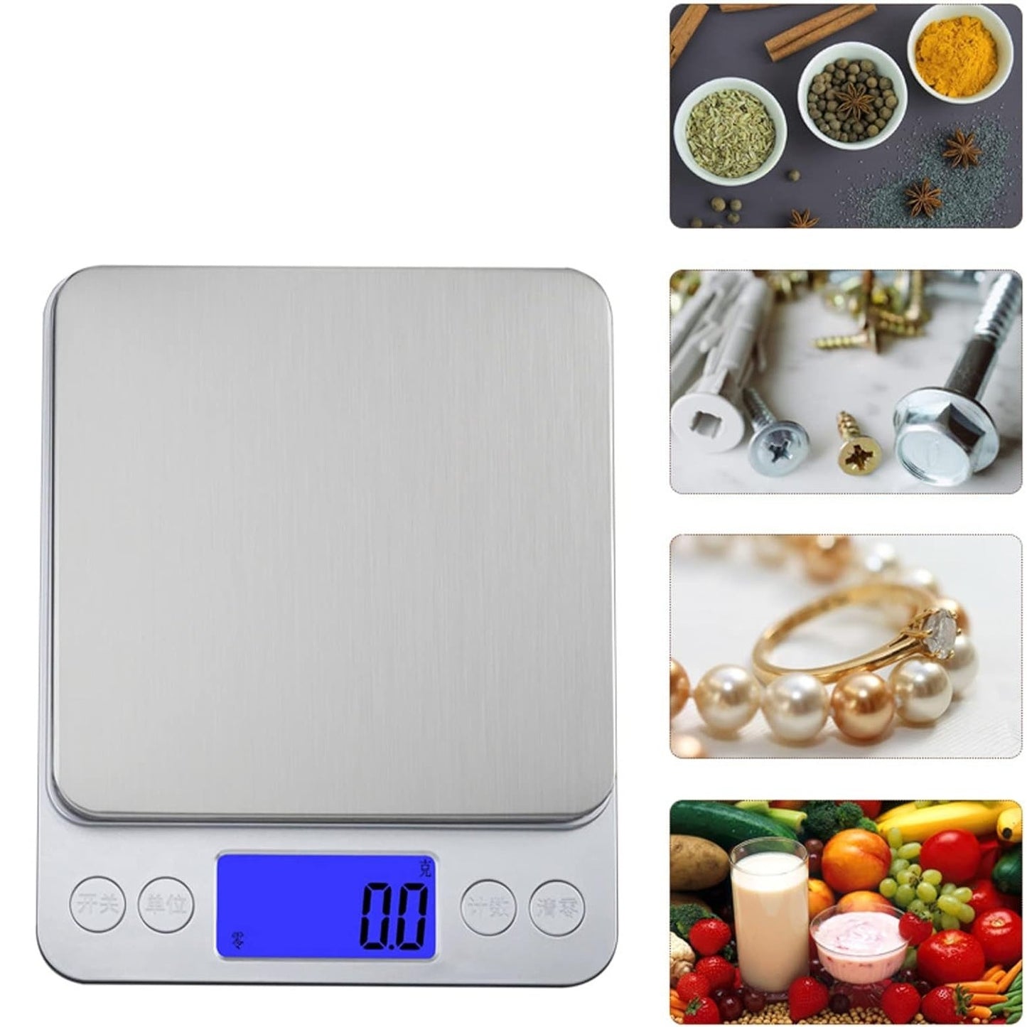 Mini Cantar Electronic, Klevo, pentru Alimente/Bijuterii, max 3 Kg, 2 x AA, 12.7 x 10.6 x 1.9 cm, Gri
