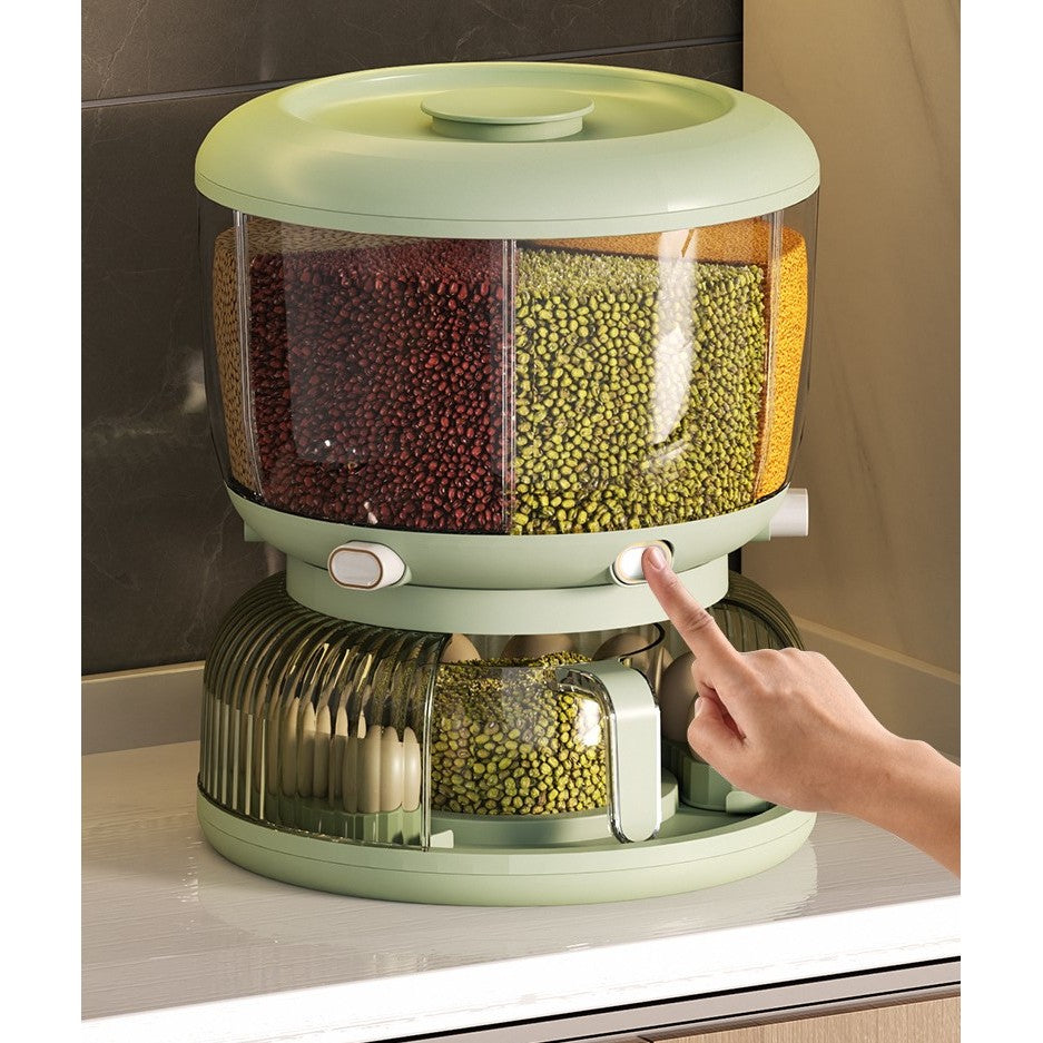 Dozator Etajat de Cereale Klevo, Rotativ 360, 6 Compartimente, Capacitate 10L, Cofraj Special pentru Oua, Vas pentru Scurgerea Cerealelor, 35x27.5 cm, Verde