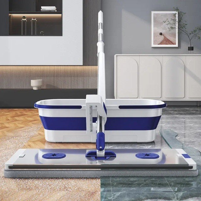 Mop Plat, Klevo, cu Galeata Pliabila, 2 Rezerve din Microfibra, 127 cm Tija Telescopica, Utilizare Umeda/Uscata, Recipient Lichid, Albastru