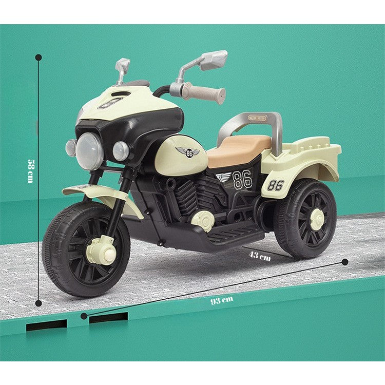 Motocicleta Electrica Klevo, cu Acumulator, cu Sistem Anti-Rasturnare, Sistem de Lumini si Muzica, Cutie de Depozitare, 1-8 Ani, 93 x 43 x 58 cm, Alb - Bej
