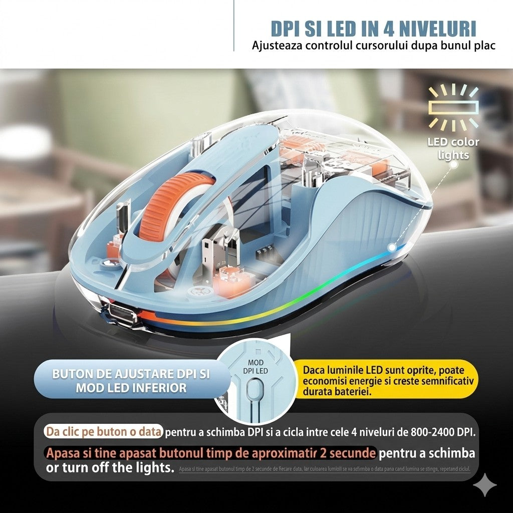 Mouse Wireless, Klevo, Dual Bluetooth, 2.4 GHz, Multi Device, USB-C, 4 Niveluri DPI 800-2400, Reincarcabil, Iluminare LED, Compatibil MacBook/iPad/Laptop, 10 x 6 cm, Albastru