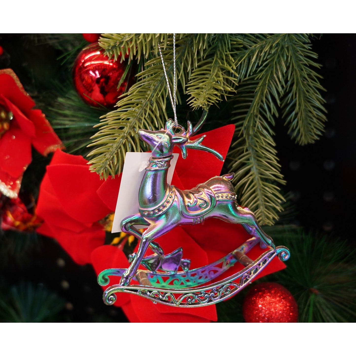 Ornament brad de Craciun, Iridescent, in forma de Ren, 11 cm x 11 cm, Plastic, Klevo
