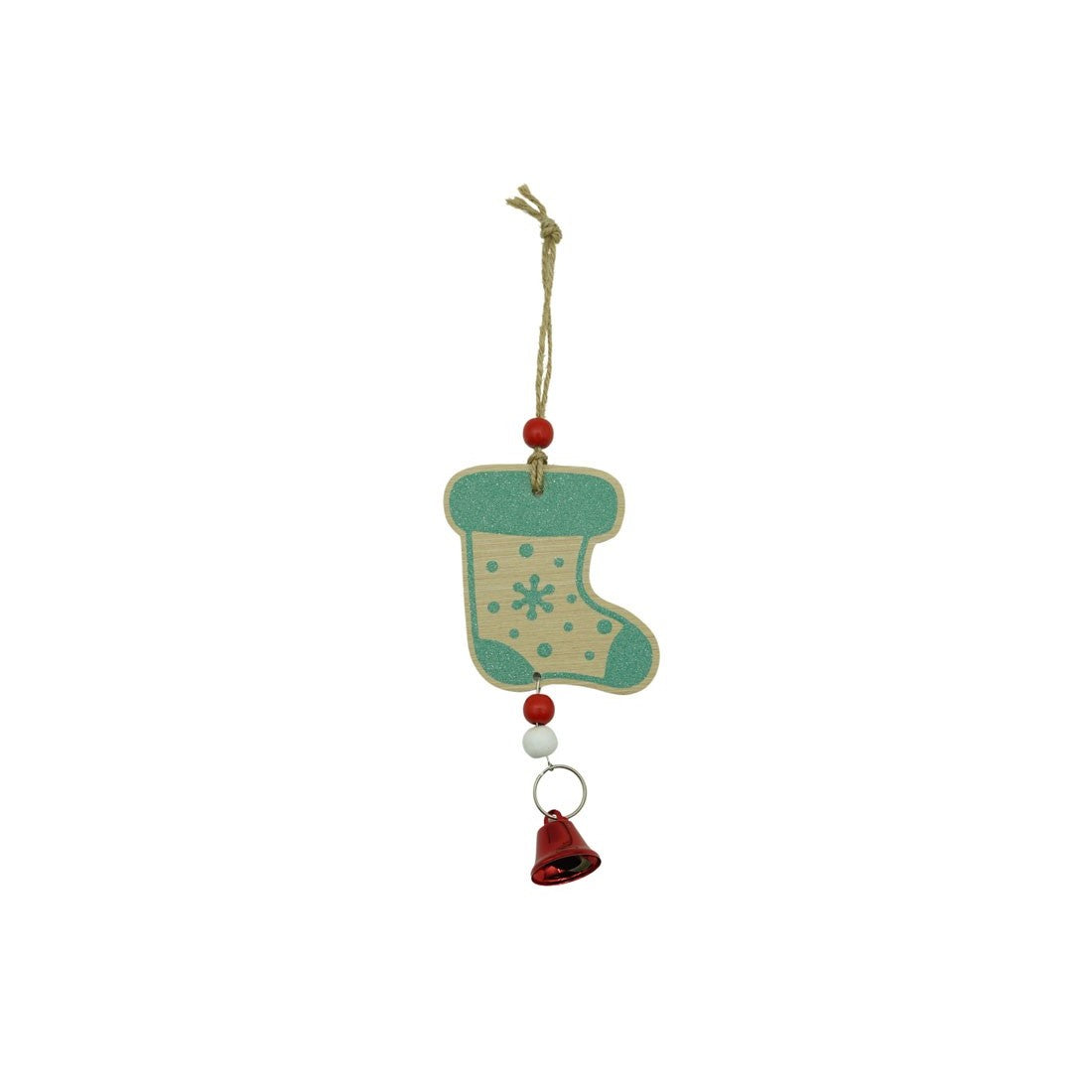 Ornament de brad ciorap cu clopotel, Klevo, multicolor, lemn, 17 cm