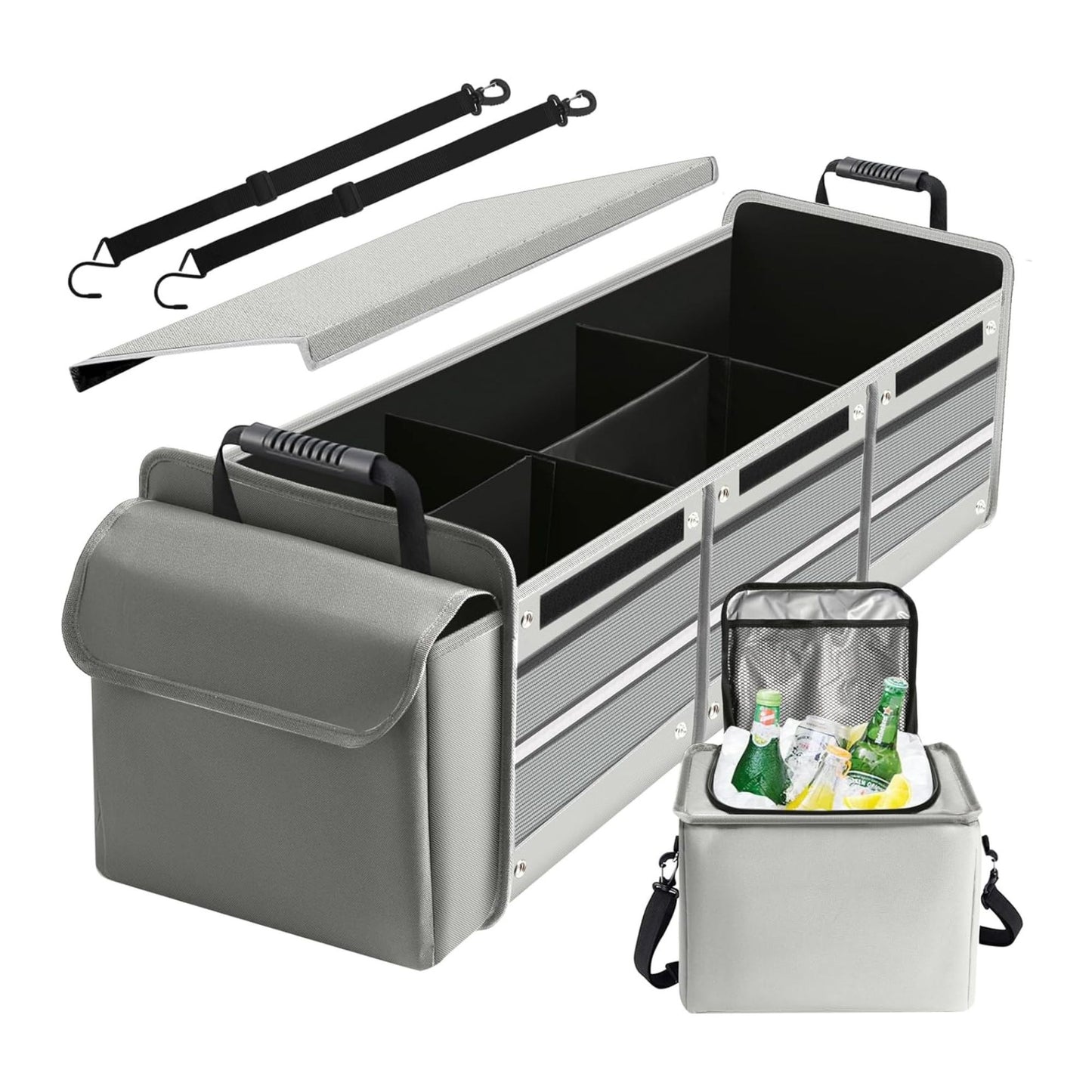Organizator Auto pentru Portbagaj, Klevo, Model Pliabil, din Panza, cu Geanta Termoizolanta Detasabila, 3 Compartimente, Curele Ajustabile, 90 x 35 x 30 cm, Gri