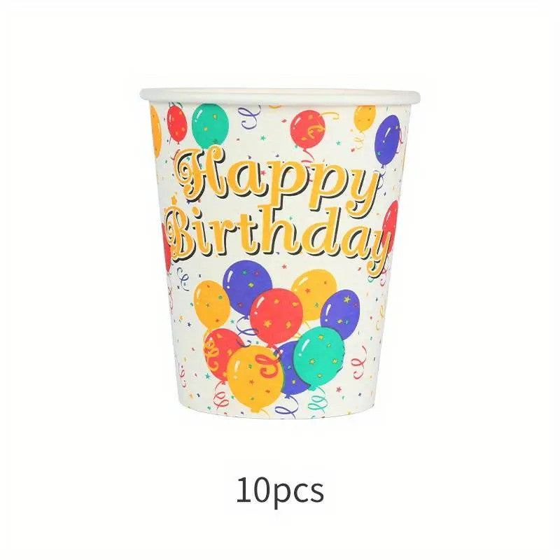 Pahare Cartonate pentru Petreceri, Klevo, Set 10 Pahare Cartonate pentru Zile de Nastere si Aniversari, Model HAPPY BIRTHDAY, 230 ml, 8.6 x 7.5 cm, Multicolor