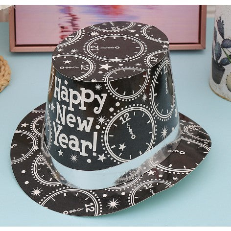 Palarie Tip Lincoln, Klevo, Model Happy New Year cu Ceasuri, Accesoriu Petrecere de Anul Nou, Marime Universala, din Carton, Negru/Argintiu