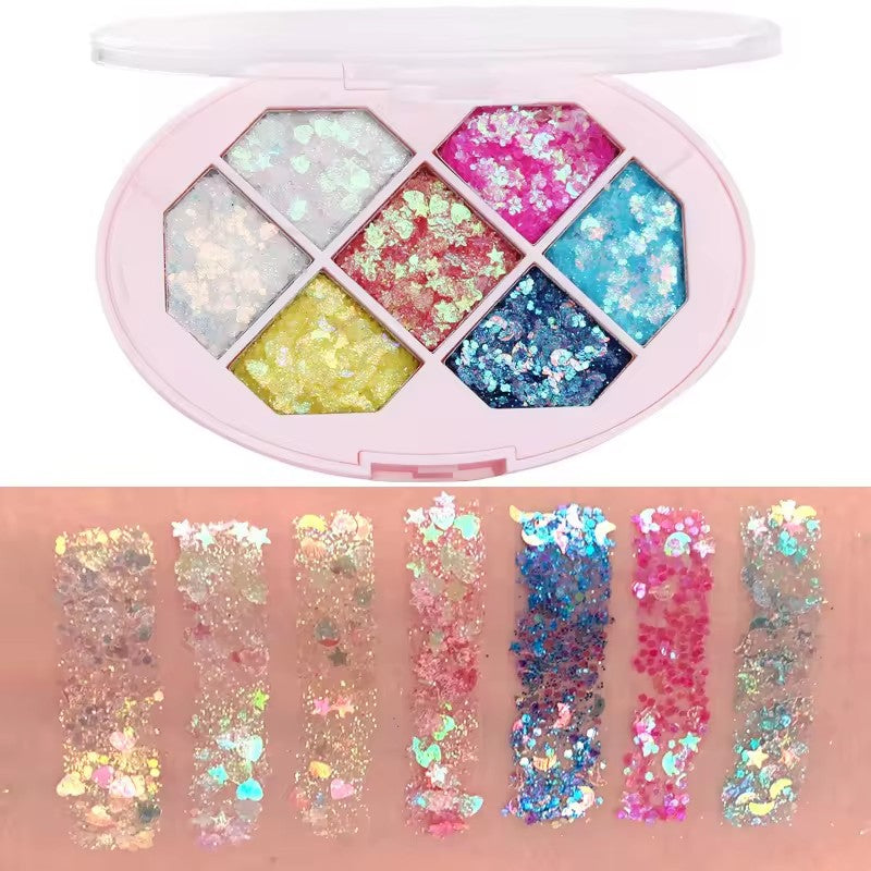 Paleta cu Glitter, Klevo, Varianta 1, 7 Nuante, Pentru Corp si Par, 50 g, Rezistent la Apa, 9.8 x 6.8 cm, Multicolor