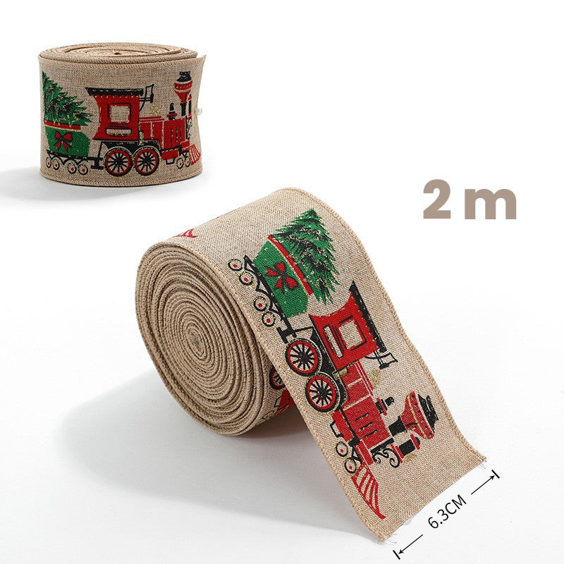 Panglica de Craciun pentru Decor Brad, Klevo, Panglica Decorativa de Craciun pentru Funde, Imprimeu Trenulet, 200 x 6.3 m, Khaki