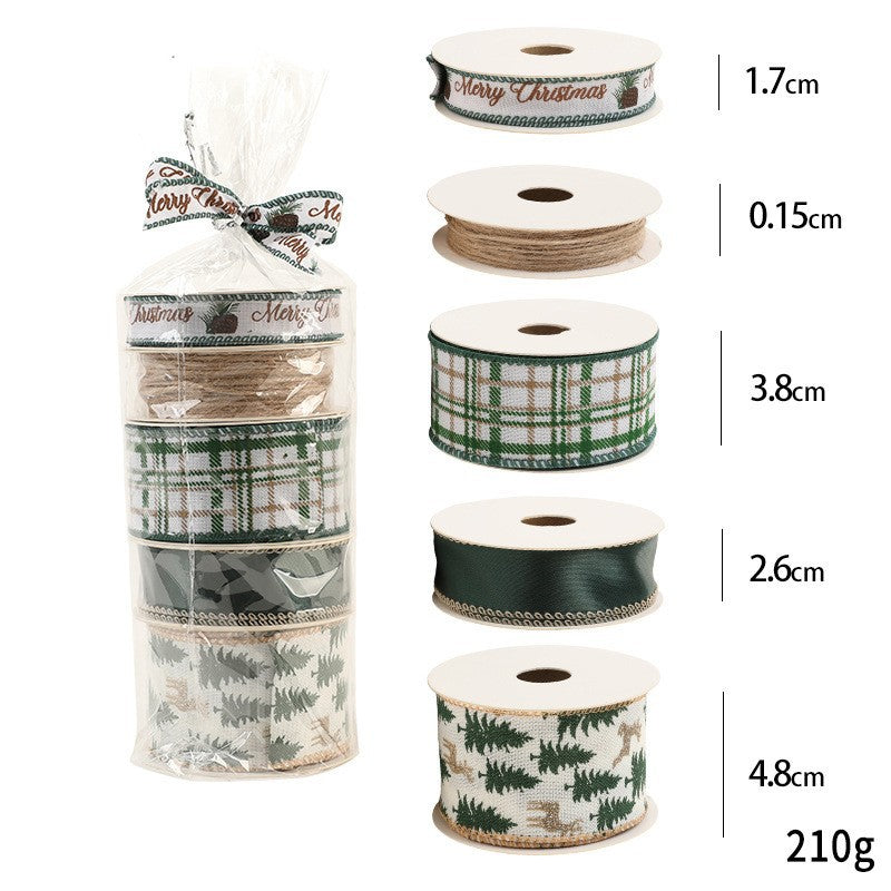 Panglica Decorativa cu Tematica de Craciun, Klevo, Set din 4 bucat + 1 Rulon Ata Maro, Panglica pentru Cadou de Craciun Brad si Decor, 2 M per bucata, Model Brad, Alb Verde