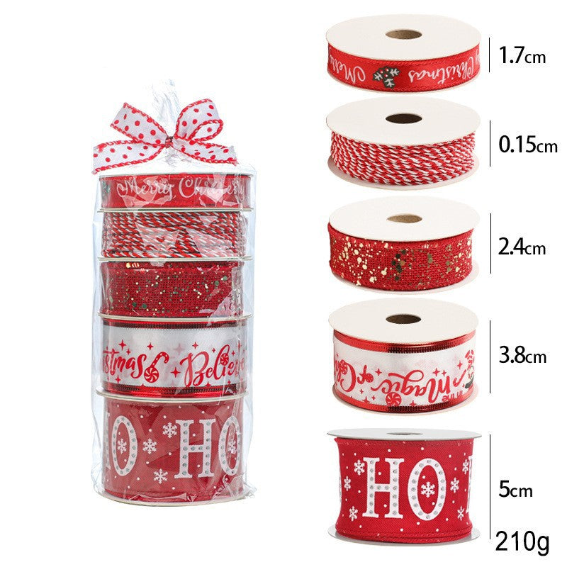 Panglica Decorativa cu Tematica de Craciun, Klevo, Set din 4 bucat + 1 Rulon Ata Rosie Alba, Panglica pentru Cadou de Craciun Brad si Decor, 2 M per bucata, Model HO HO HO, Rosu