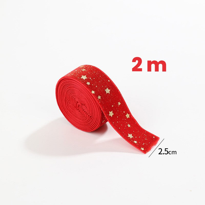 Panglica Decorativa de Craciun, Klevo, Panglica din Panza cu aspec de Catifea, Funda Ornament, Model cu Stele Aurii, Decor pentru Brad de Craciun, 200 x 2.5 cm, Rosu