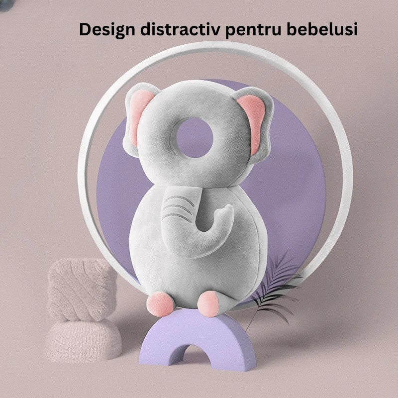 Perna tip Rucsac pentru Protectia Capului, Klevo, Tetiera tip Elefant de Plus, pentru Bebelusi, 33x6x19 cm, 180 g, Gri
