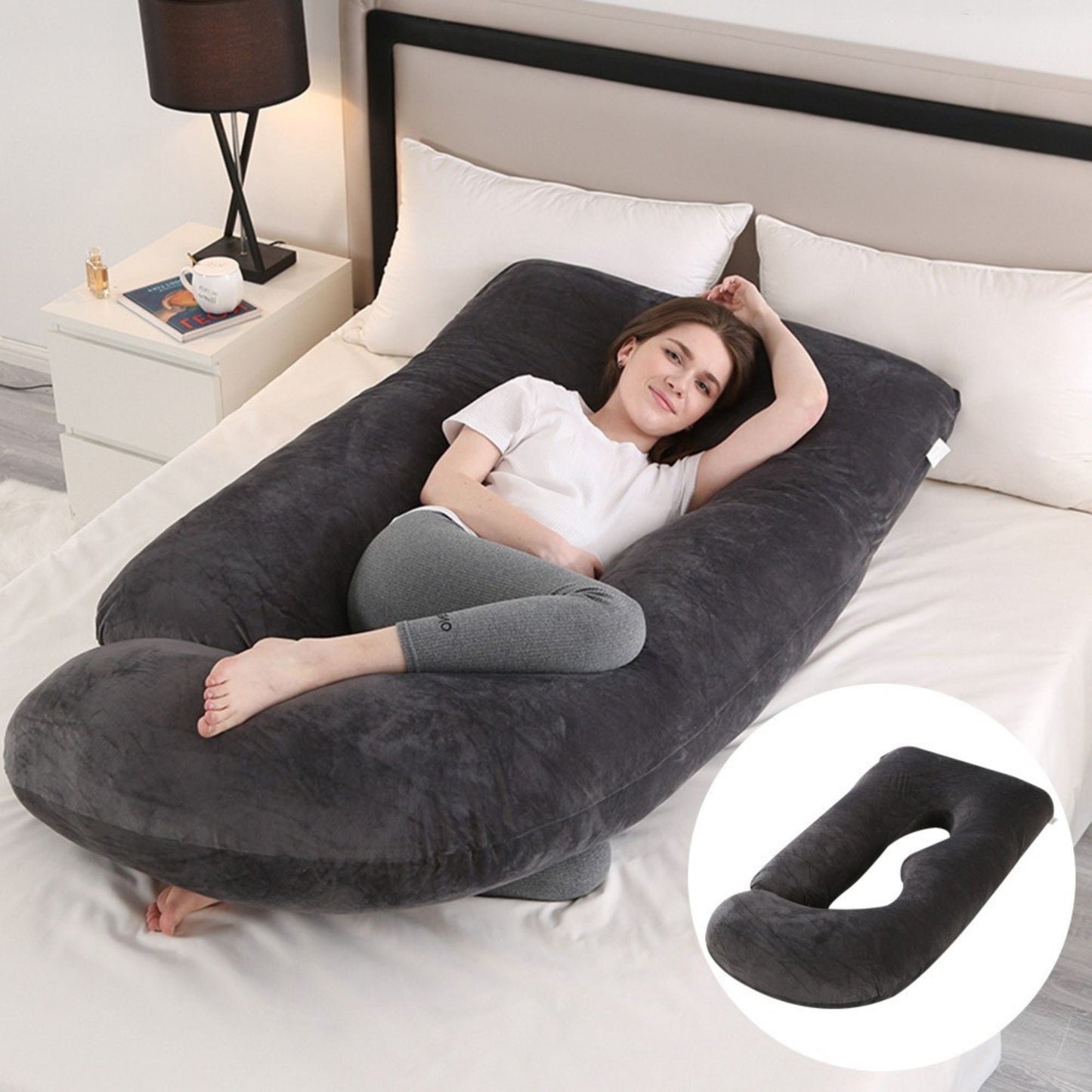Perna pentru Gravide, Klevo, Perna de Sarcina, Detasabila si Lavabila, Ergonomica Tip J, Captuseala din Poliester, 155 x 75 x 60 cm, Negru