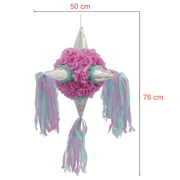 Pinata Rotunda pentru Petrecere, Klevo, Detalii Argintii, din Hartie si Carton, Pinata pentru Copii, 76 x 50 x 50 cm, Roz