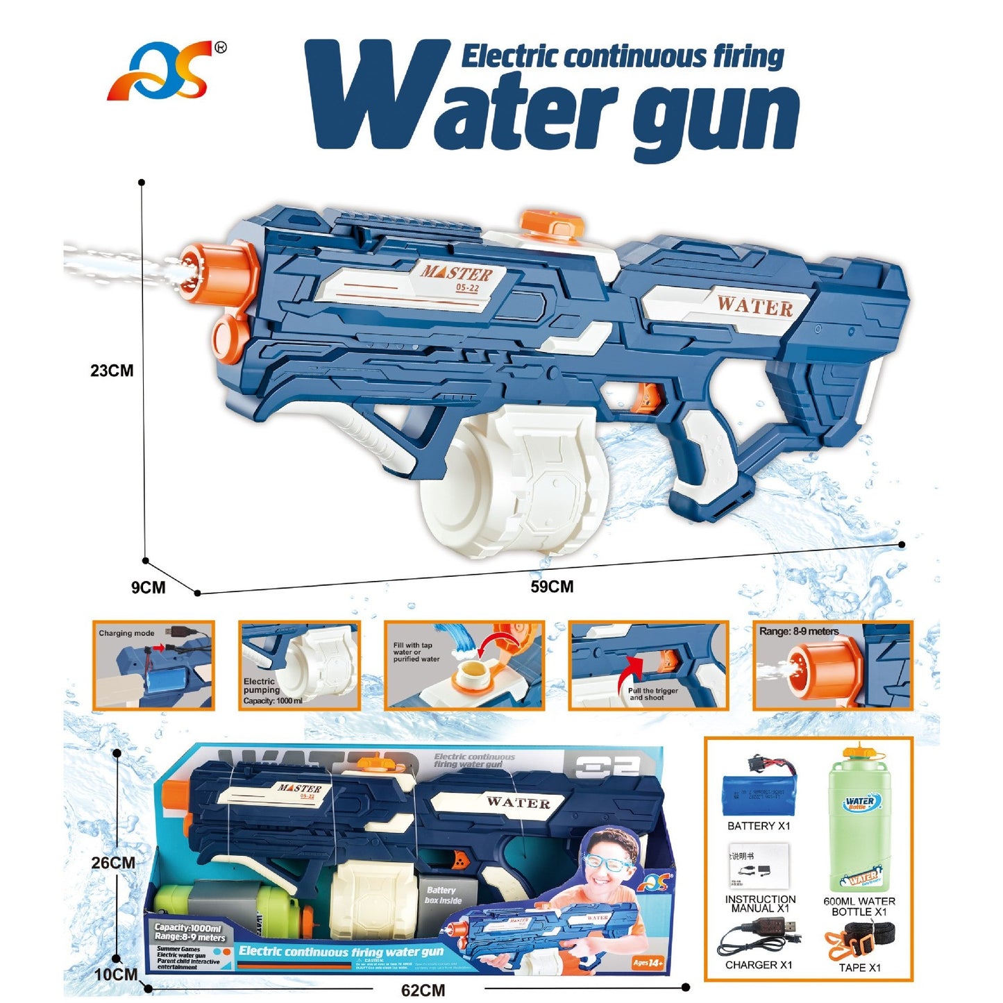 Pistol cu Apa pentru Copii, Rezervor 600ml, Klevo, 14ani+, cu baterie 1200mAh, Electric Burst, Albastru/Alb, 1000ML