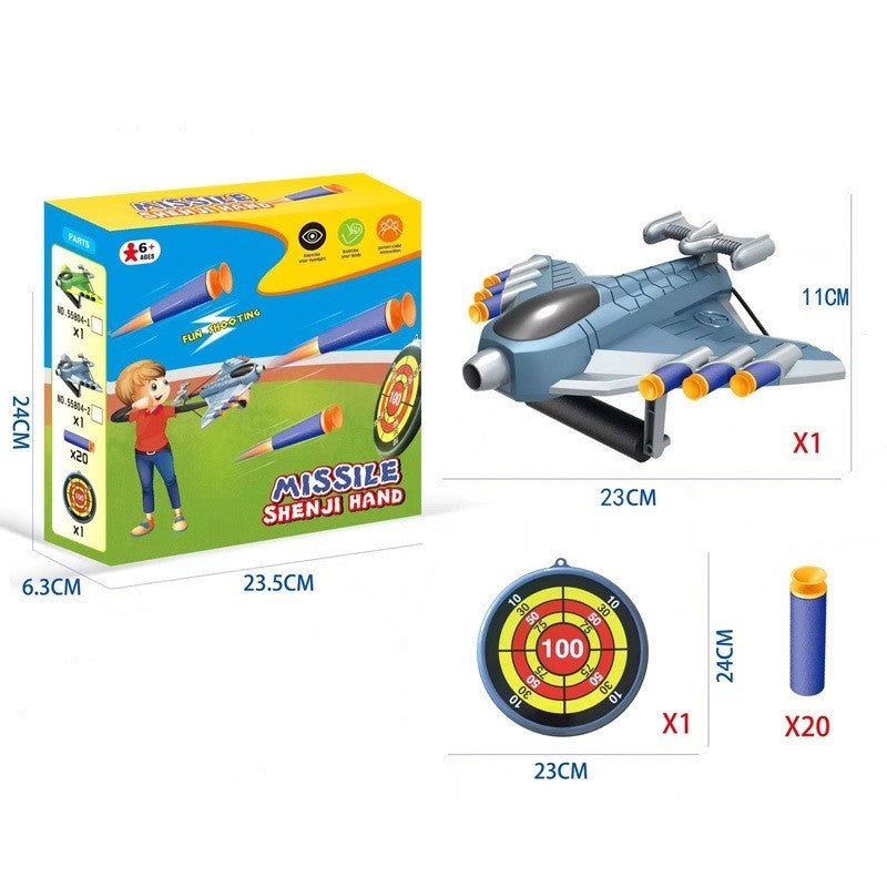 Jucaruie cu Lansator pentru Copii, Klevo, Lanseaza Manual, Tinta, Avion, 20 de Gloante din Material Moale, Joc Interactiv, 24x23.5x6.3 cm, Gri