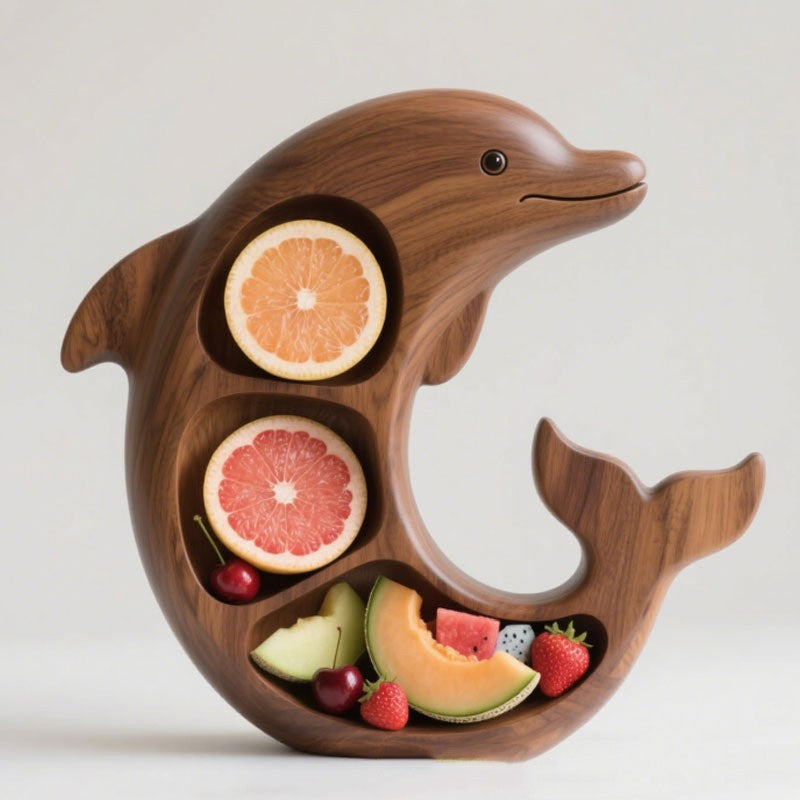 Platou pentru Servire, Klevo, in Forma de Delfin, 3 Compartimente pentru Mezeluri, Branzeturi, Snacksuri, Fructe, Design Artistic, din Lemn Masiv, 26 x 25 x 4 cm, Maro Natur