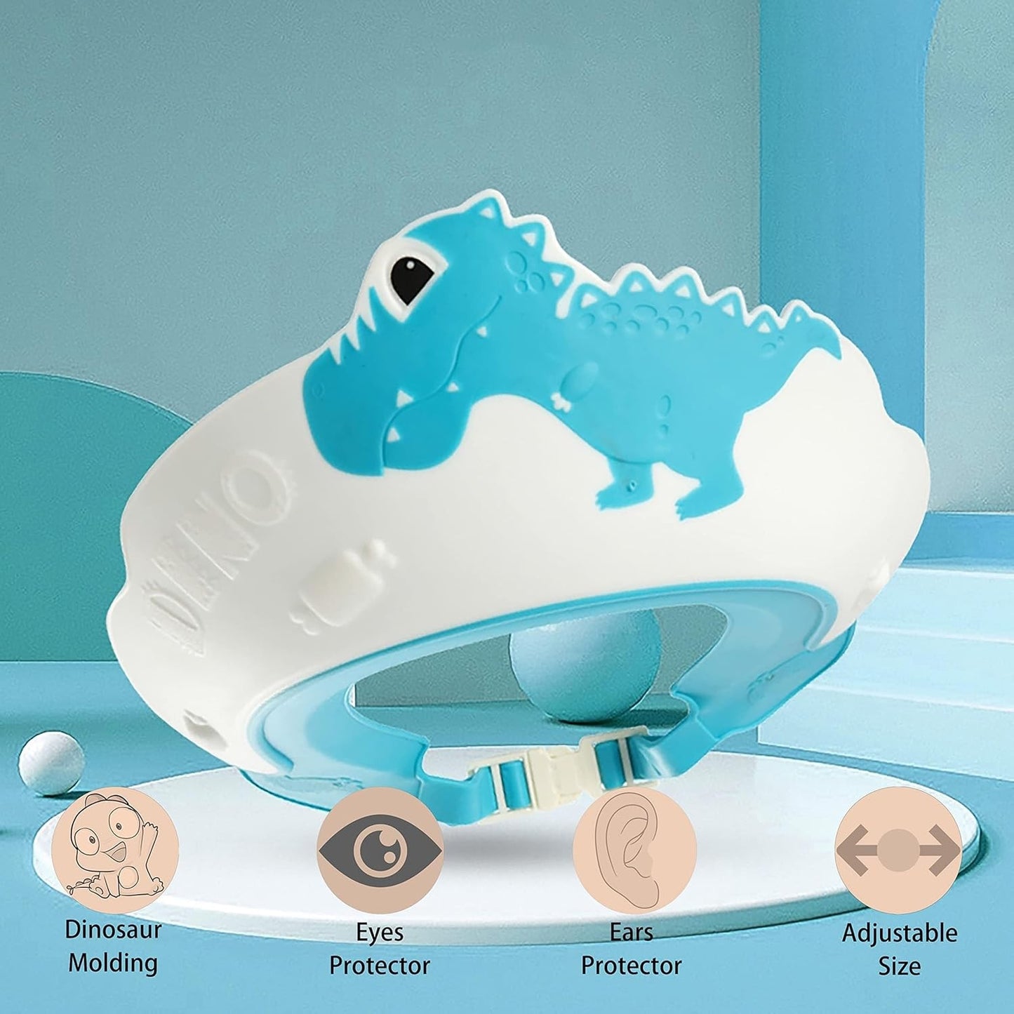 Viziera de Protectie Baie Pentru Copii, Fippy, Model Dinozaur, Dimensiune ajustabila, Durabil, Usor de curatat, Impotriva Samponului, pentru Ochi si Urechi, TPE+PP, 22x21 cm, Albastru