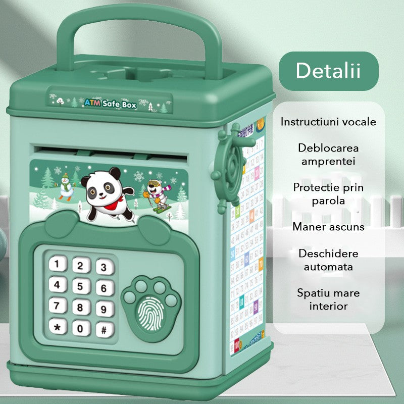Pusculita pentru Copii, Klevo, pusculita pentru economii SMART BOX cu efecte sonore, Tip ATM, cu Parola cu Amprenta, din plastic, 20 x 13.5 x 11.5 cm Verde