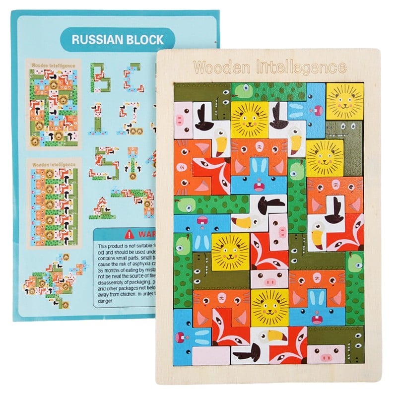 Puzzle din Lemn Klevo, Tip Tetris, +4 Ani, cu Animale Colorate 3D, 40 Piese, Multicolor
