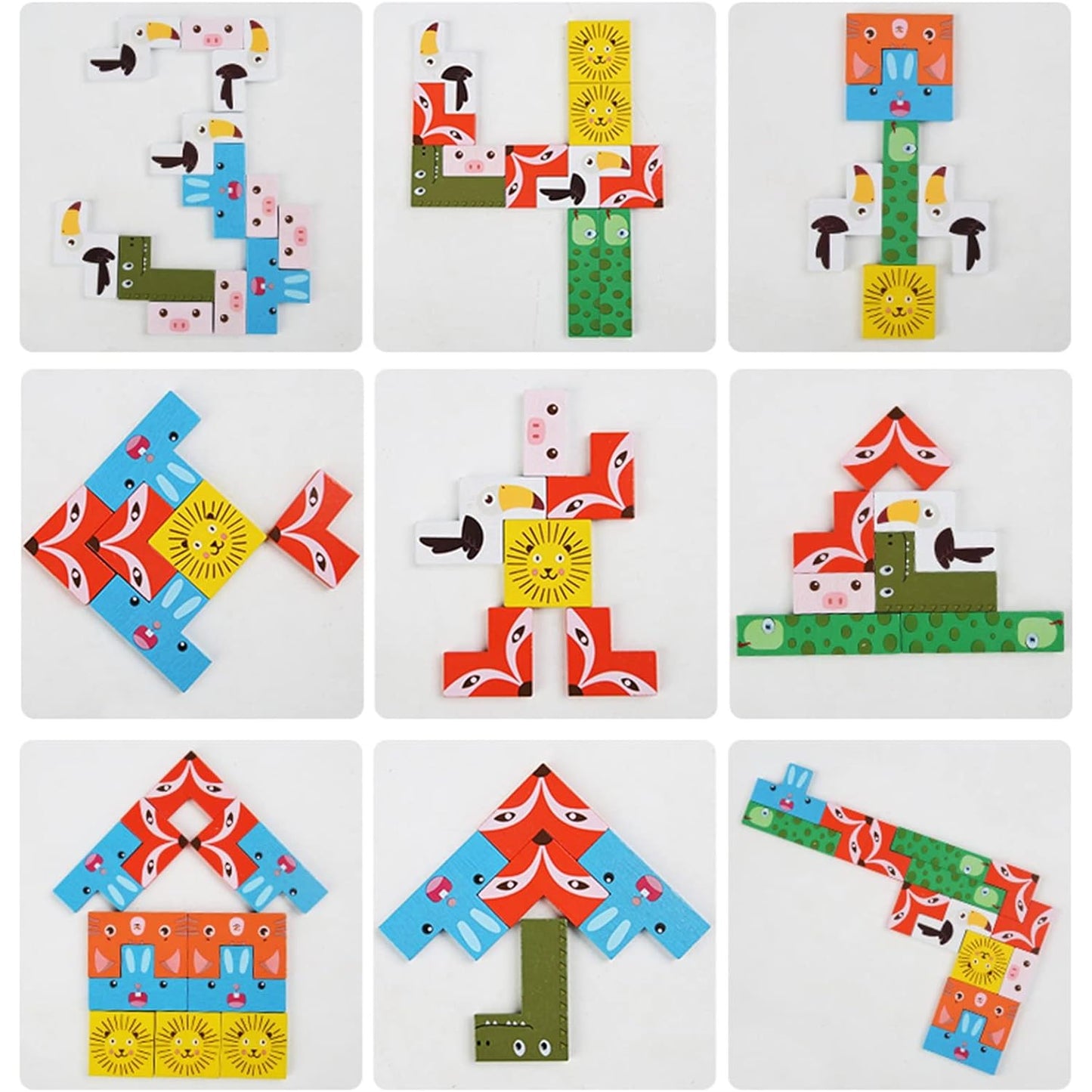 Puzzle din Lemn Klevo, Tip Tetris, +4 Ani, cu Animale Colorate 3D, 40 Piese, Multicolor