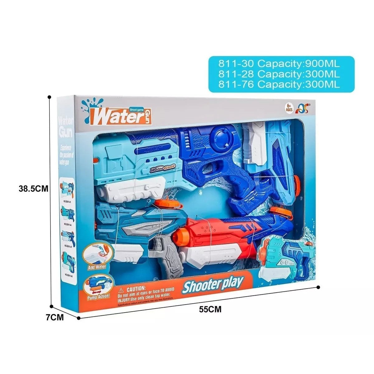 Set 4x Pistol cu Apa pentru Copii, Klevo, 6ani+, Multicolor, 1x 900 ML + 3x 300 ML