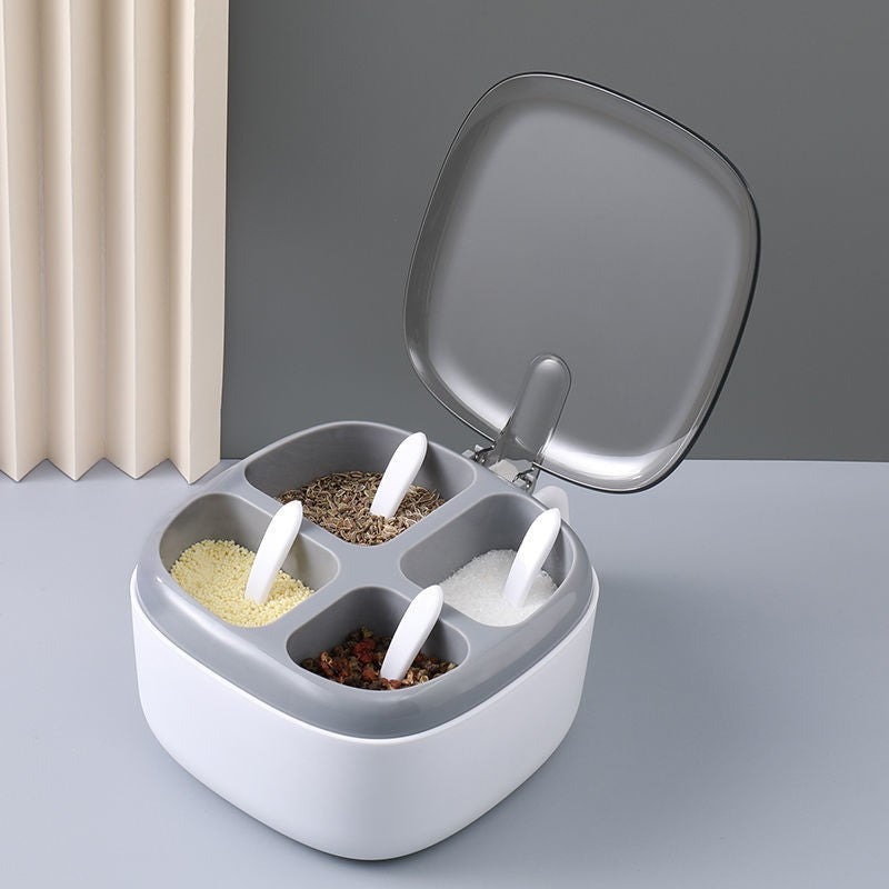 Recipient pentru condimente Klevo, 4 casute, potrivit pentru sare, cimbru, piper, condimente, 4 lingurite din plastic, capac din plastic, maner, 14x14x8 cm, alb