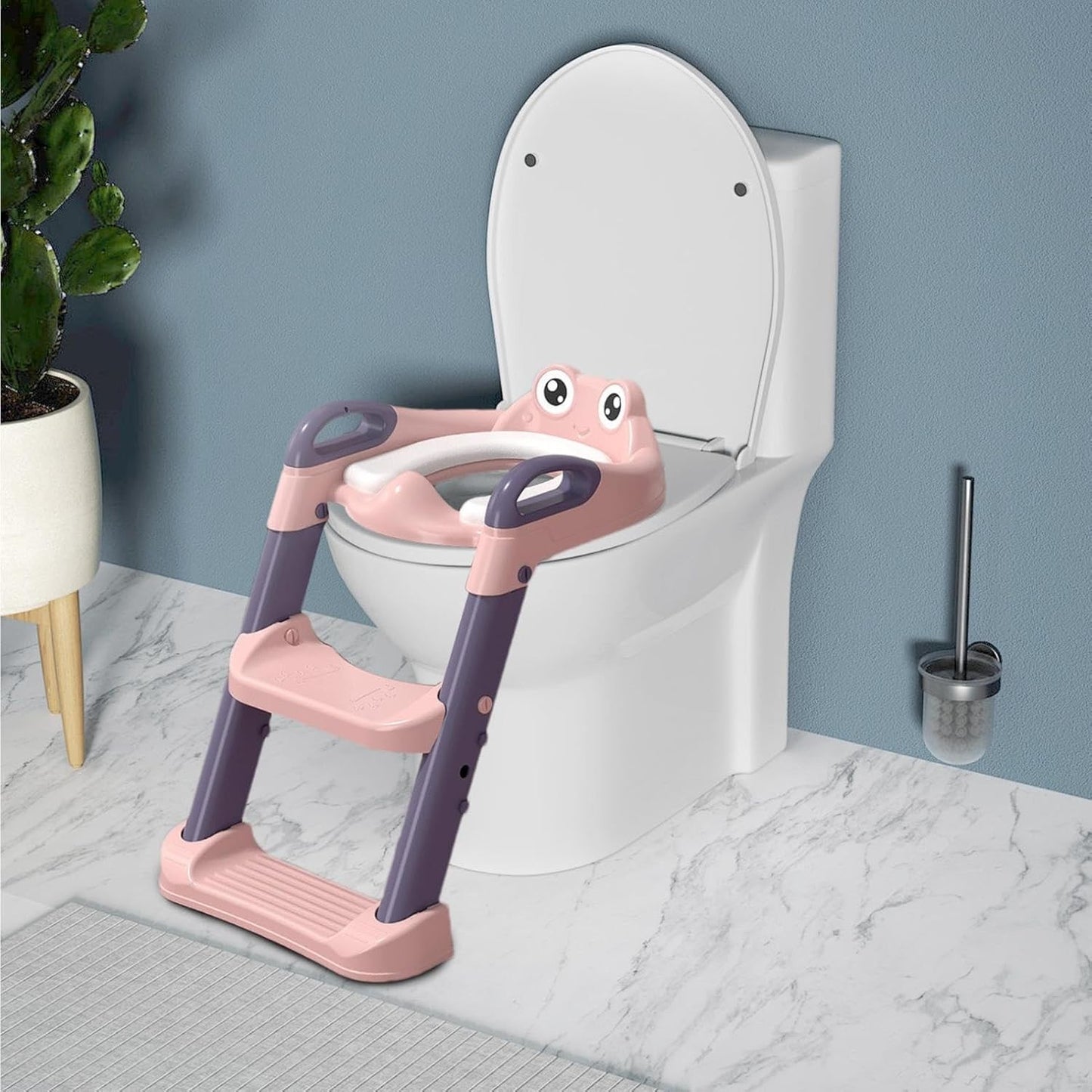 Reductor si Scaunel Inaltator WC, Klevo, pentru Copii 1 - 7 Ani, 2 Trepte Reglabile, Pliabil, Colac Moale, cu Spatar si Manere, Inaltime 54/58 cm x 39.5 x 35 cm, din Plastic+PVC, Roz/Mov