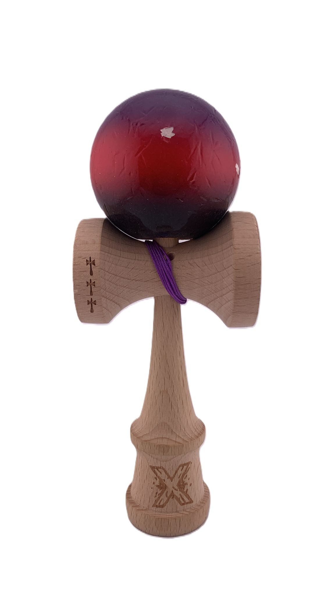 RESIGILAT - Kendama X Originala, Profesionala, Klevo, Big Cups V2, Super Sticky Cupe Mari, Rulment Metalic cu Ata 55 cm, Mov/Rosu/Negru