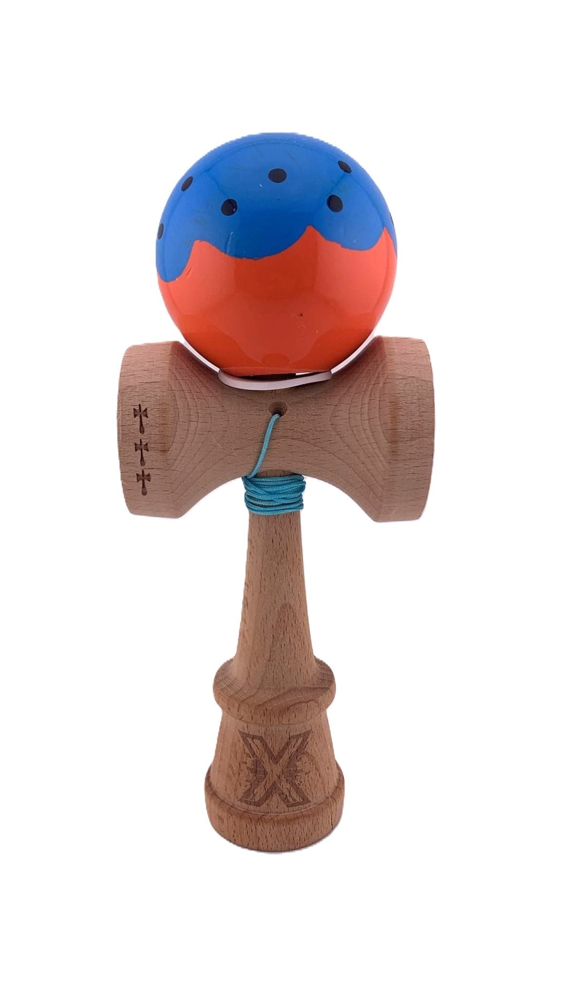 RESIGILAT - Kendama X Originala, Profesionala, Klevo, Super Sticky cu Cupe Mari KING SIZE V3, Gaura in Baza, Rulment Metalic, din lemn 18 cm, Ata 62/65 cm, Special Albastru/Portocaliu