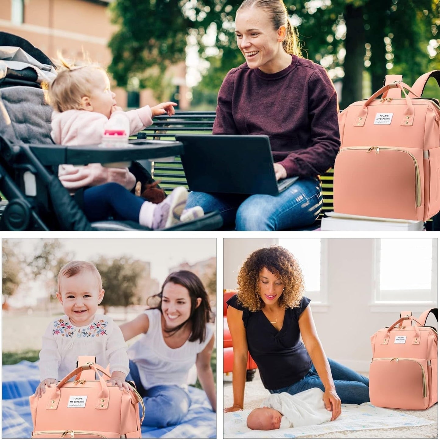 Rucsac Multifunctional pentru Mamici, Klevo, cu Patut Pliabil si Baza de Schimbat, Rezistent la Apa, Capacitate Mare, Usor, Compartimente Multiple, Buzunar Termic pentru Lapte, 42 x 32 x 22 cm, Roz P