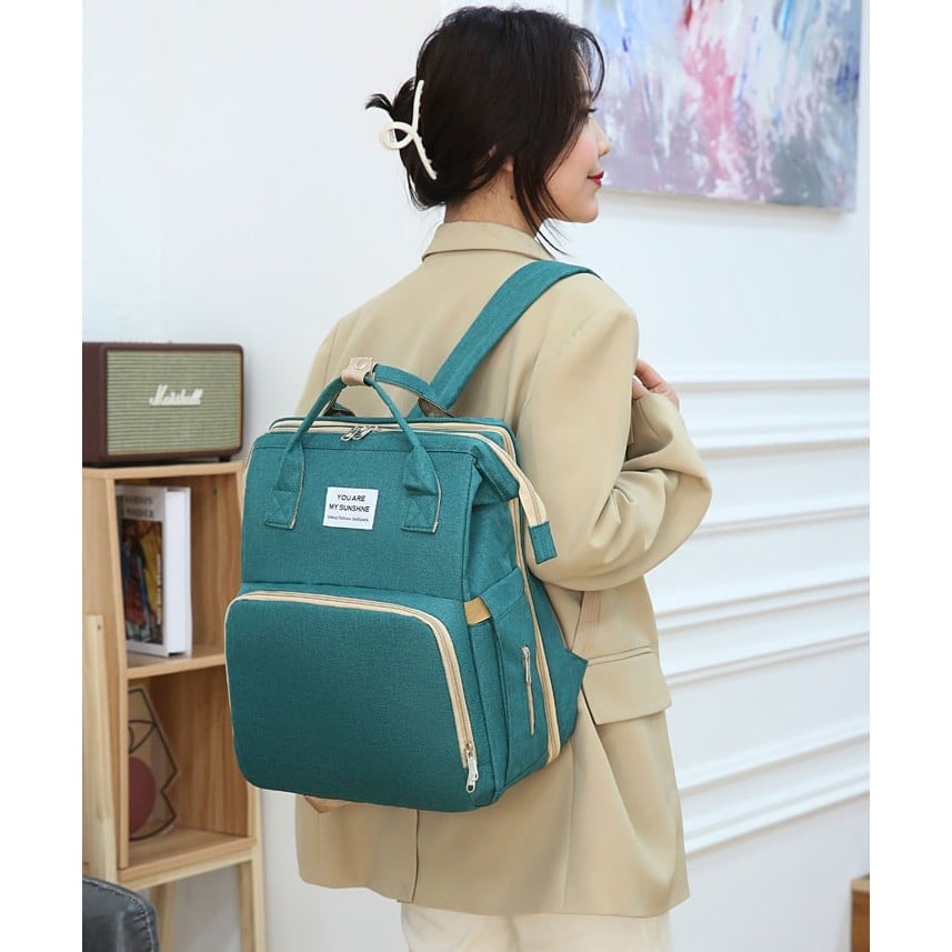 Rucsac Multifunctional pentru Mamici, Klevo, cu Patut Pliabil si Baza de Schimbat, Rezistent la Apa, Capacitate Mare, Usor, Compartimente Multiple, Buzunar Termic pentru Lapte, 42 x 32 x 22 cm, Verde