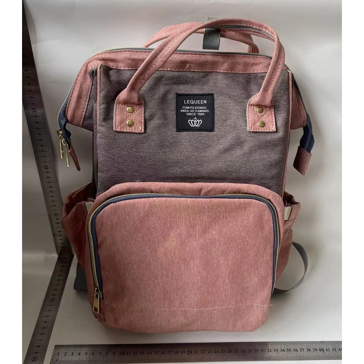 Rucsac Multifunctional pentru Mamici, Klevo, din Panza Oxford, Compartimentare Multipla, Impermeabil, 43 x 18 x 26 cm, Roz/Gri