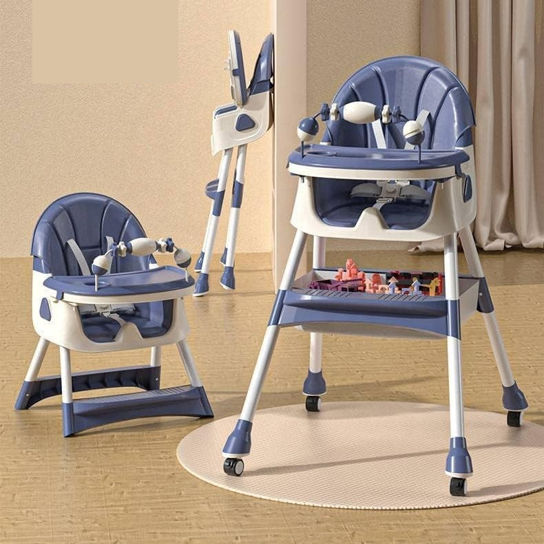 Scaun de Masa 2in1, Klevo, pentru Copii de la 6 luni - 5 Ani, Inaltime Reglabila, Centura in 5 Puncte, Tava de Masa, Roti cu Frana, Cos Depozitare, Jucarie Inclusa, 94 x 78 x 60 cm, Albastru/Alb