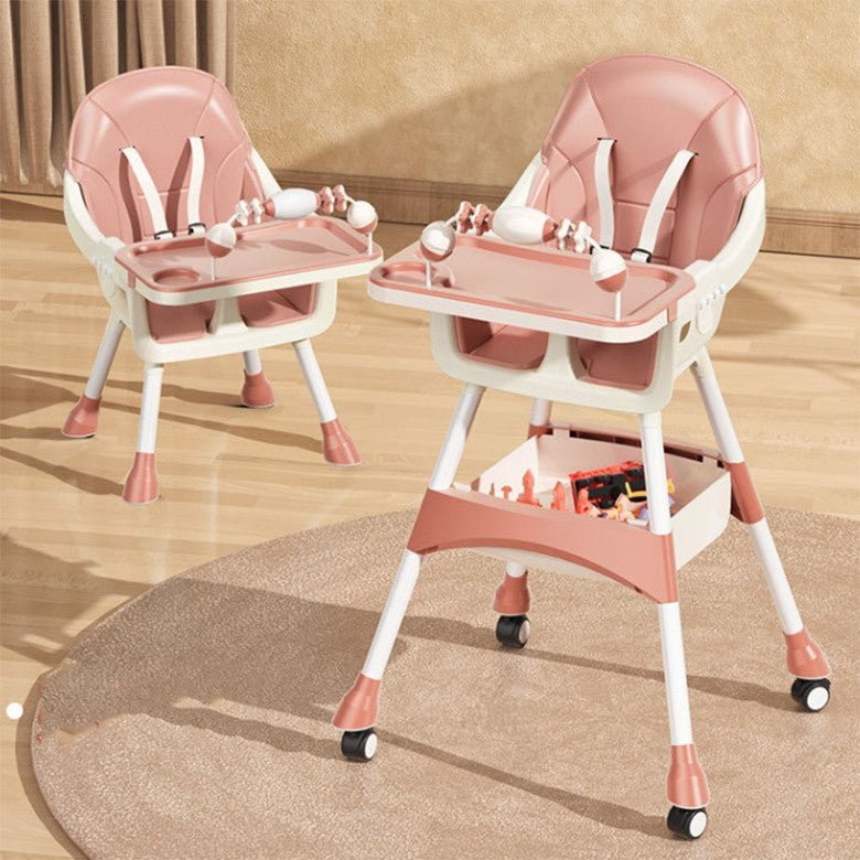 Scaun de Masa 2in1, Klevo, pentru Copii de la 6 luni - 5 Ani, Inaltime Reglabila, Centura in 5 Puncte, Tava de Masa, Roti cu Frana, Cos Depozitare, Jucarie Inclusa, 94 x 78 x 60 cm, Roz