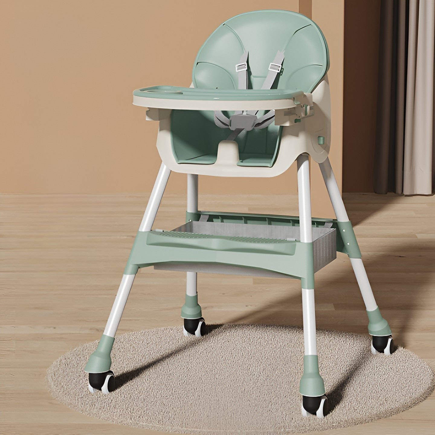 Scaun de Masa pentru Bebelusi si Copii, Klevo, cu Roti, Telescopic, Pliabil, Masuta Reglabila, Suport Picioare, Scaun cu Invelis Piele Artificiala, Centura Siguranta, Spatiu Depozitare, 97x73x65 cm, Verde