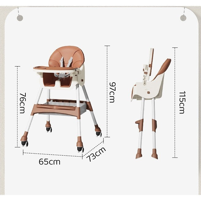 Scaun de Masa pentru Bebelusi si Copii, Klevo, cu Roti, Telescopic, Pliabil, Masuta Reglabila, Suport Picioare, Scaun cu Invelis Piele Artificiala, Centura Siguranta, Spatiu Depozitare, 97x73x65 cm, Maro