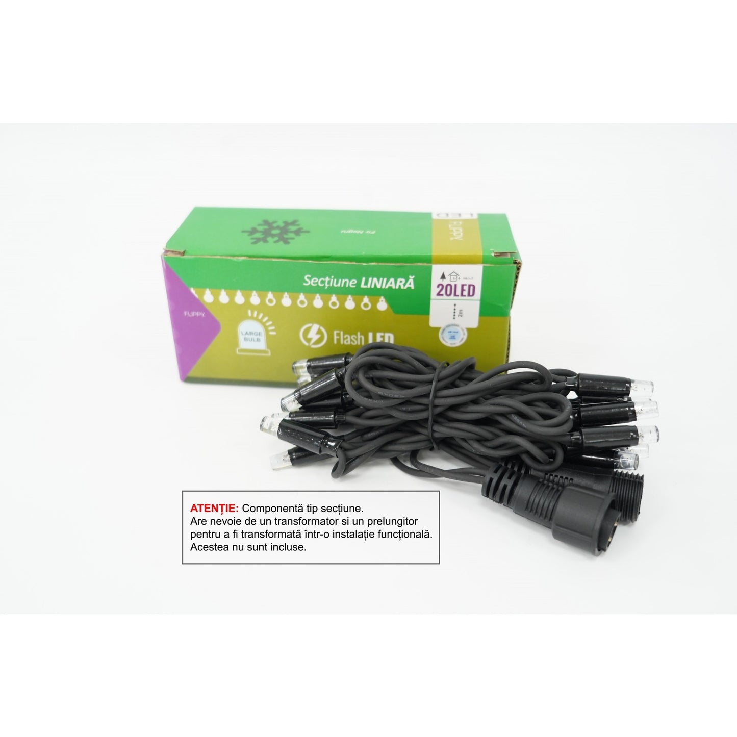 Sectiune Instalatie de Craciun Klevo Tip Liniara, cu Flash, 2 m, 20 LED-uri, Interconectabila, Fir Negru, Alb-Rece, Atentie! nu contine Alimentator