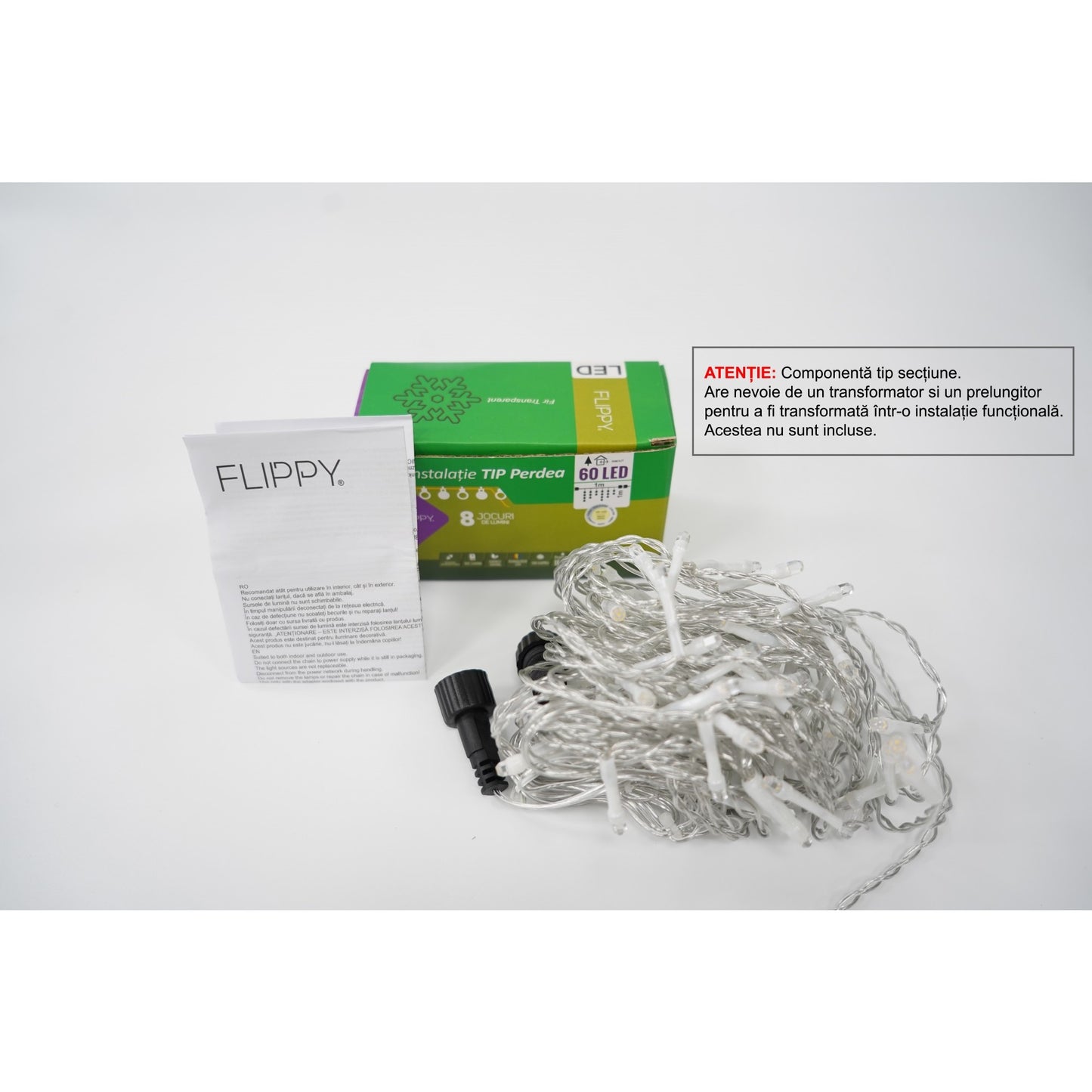 Sectiune Instalatie de Craciun Klevo Tip Perdea, 8 jocuri de lumini, 1x1 m, 60 LED-uri, Interconectabila, Fir Transparent, Alb Cald